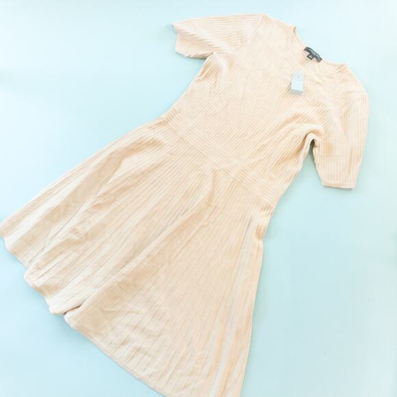 NNEW Ann Taylor Tan Ribbed Basic Academia Short Sleeve Dress Size Medium Petite - Picture 2 of 8